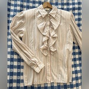 Vintage Liz Claiborne White & Pink Striped Long Sleeve Cotton Blouse w Ruffles